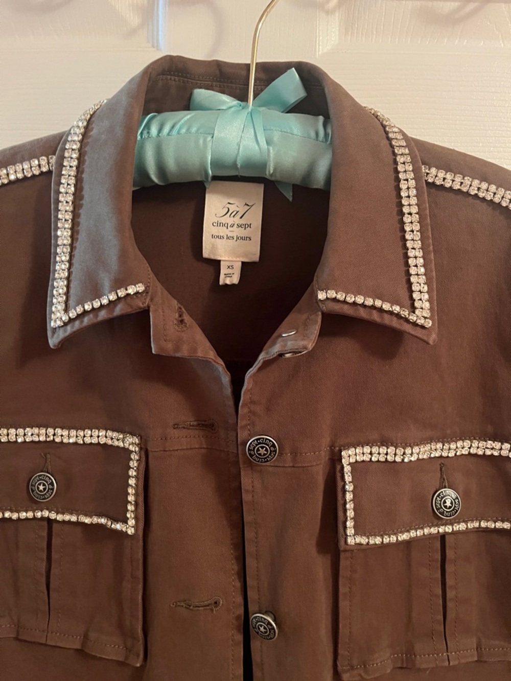 cinq a sept Brown Jacket with Rhinestone Trim